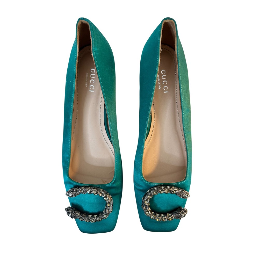 Gucci Dionysus Satin Flats Size 36 Green Satin Crystal Tiger Buckle Square Toe